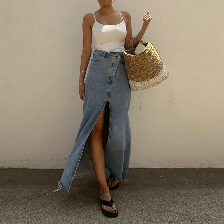 Dam Midi Kjol Jeans med Frontslits Denim-1