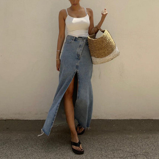Dam Midi Kjol Jeans med Frontslits Denim-1