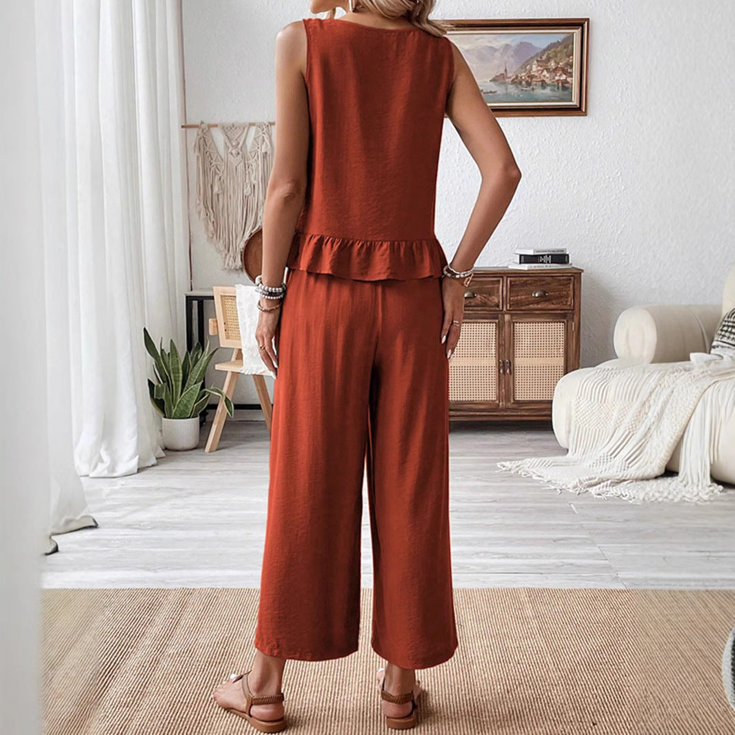 Vit Dam Kostym Ärmlös Topp och Byxor i Tvättad Bomull-5