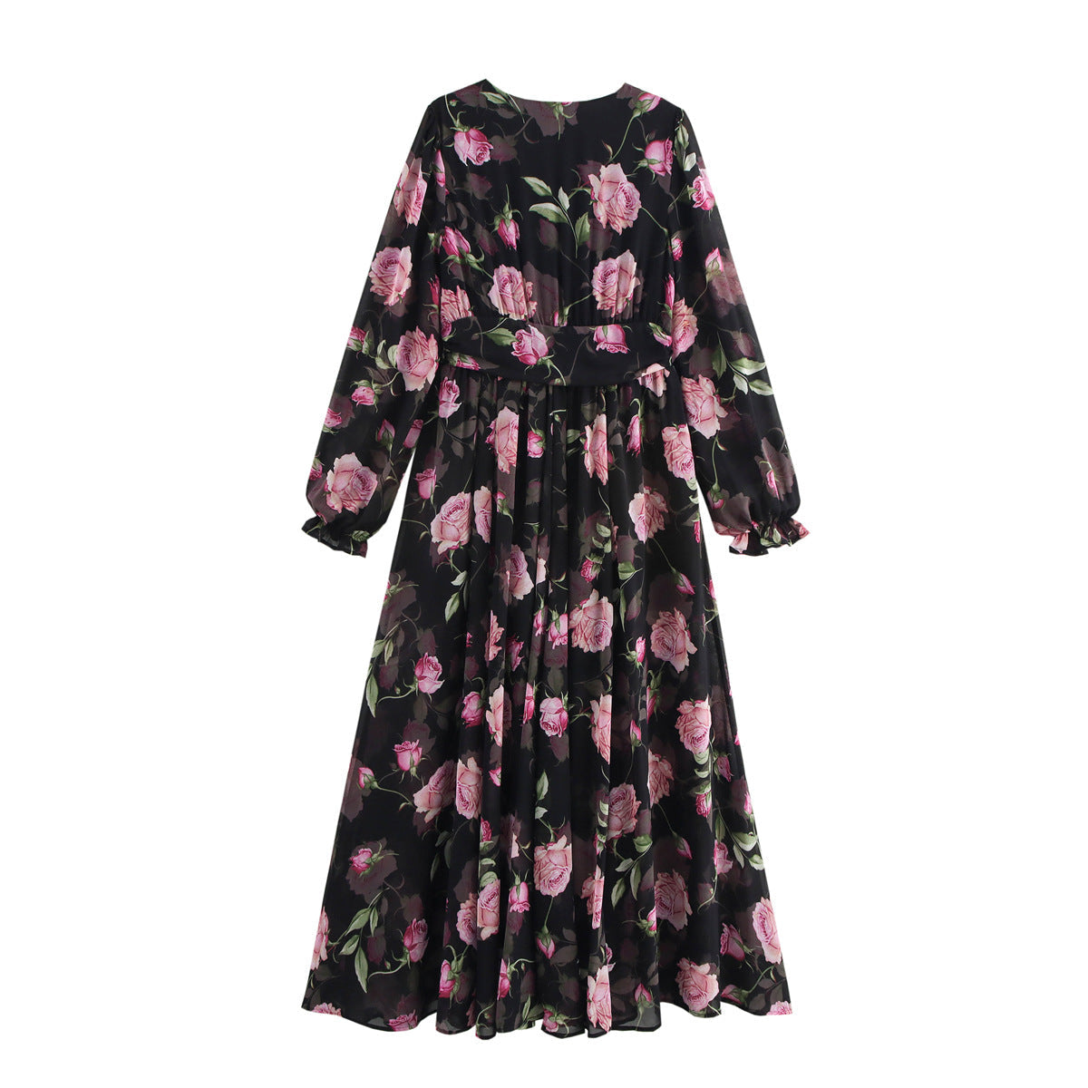 Damklänning Midi Blommönster V-ringad Chiffong A-linjeformad-3