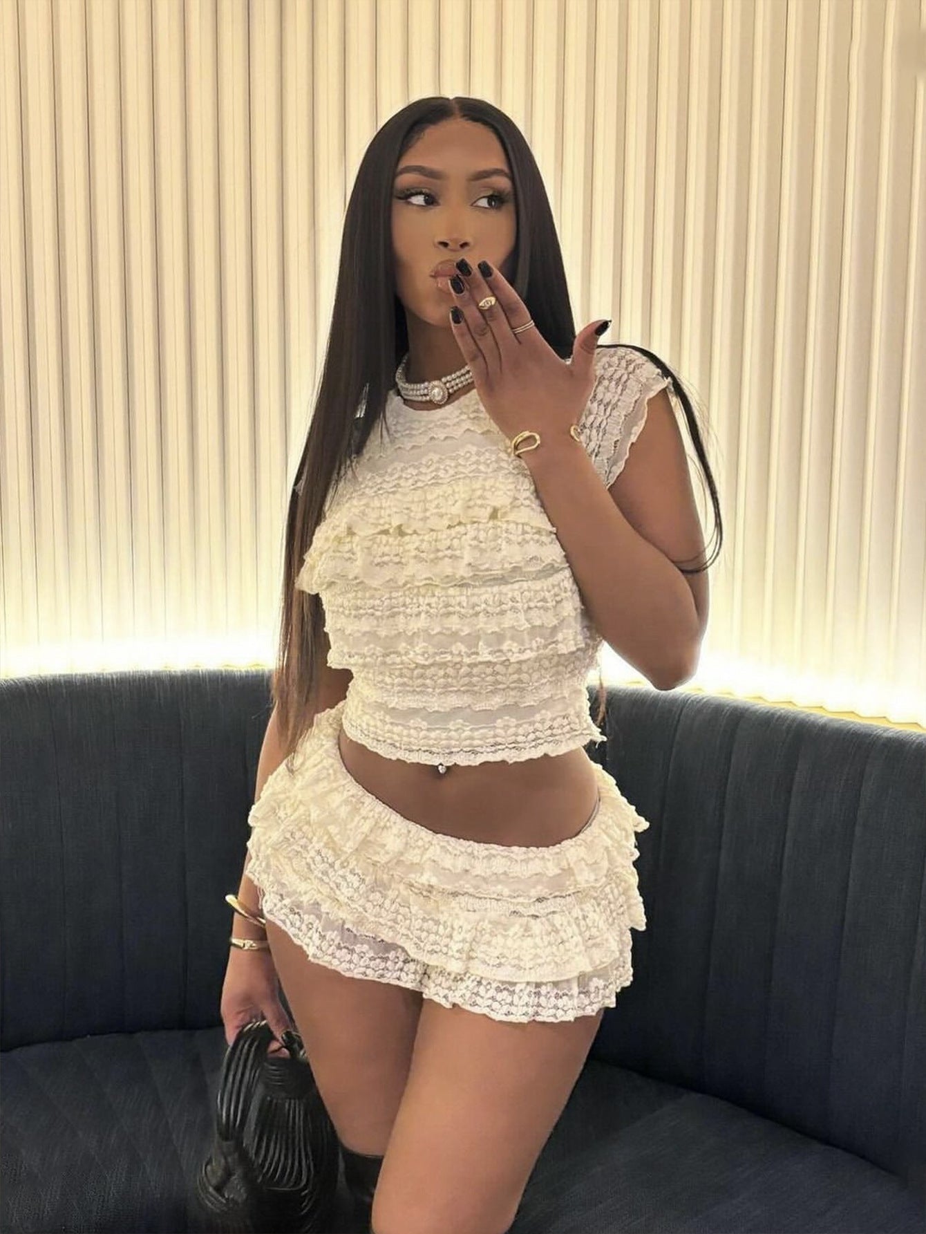 Dam Kort Set Rynkade Detaljer Slim Fit Polyester Spandex-1