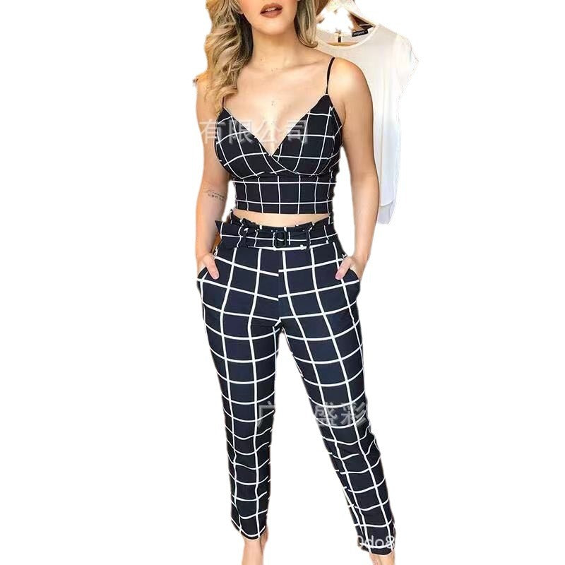Dam Camisole Crop Top V-ringning Polyester Capri-byxor Set-6
