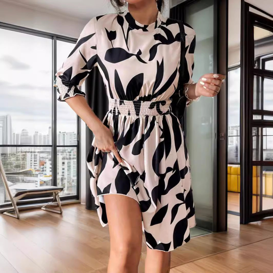 Kvinnors Midi Klänning A-linjeformad Polyester Trekvart Ärmar Rundad Nacke-4