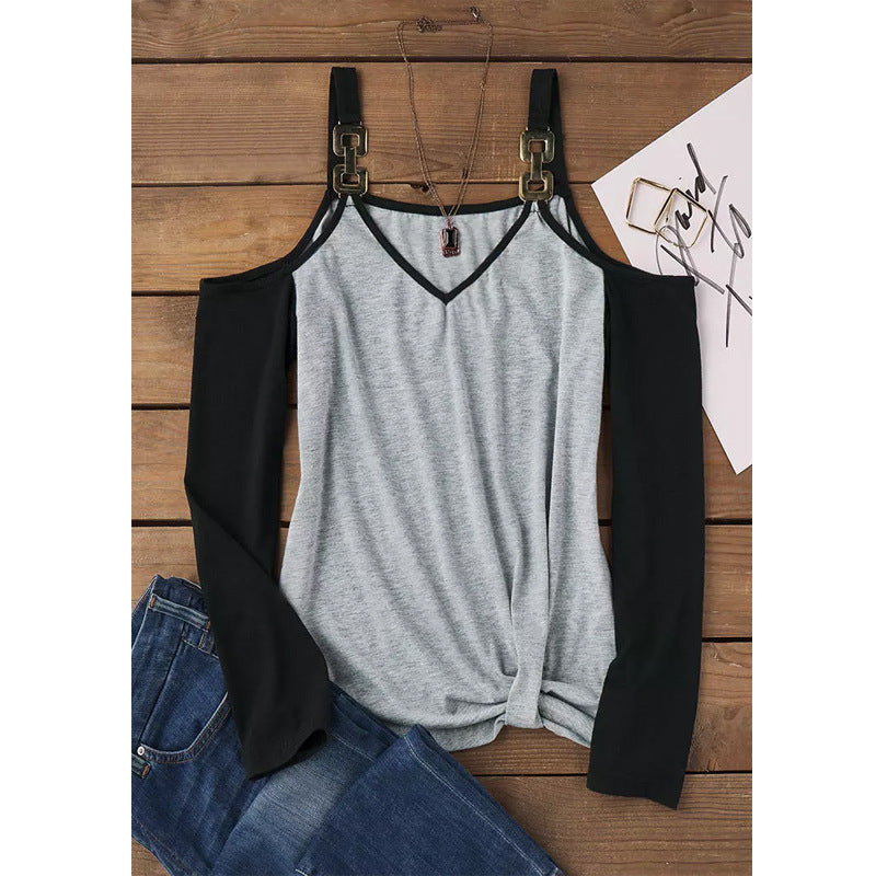Dam Långärmad T-Shirt V-ringning Polyester med Metallspänne-6