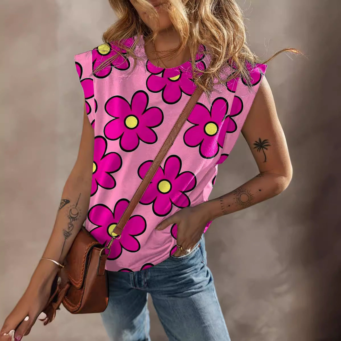 Kvinnors T-shirt med Blommigt Mönster, Rund Hals, Korta Ärmar, Polyester – Casual Passform för Vardag 5