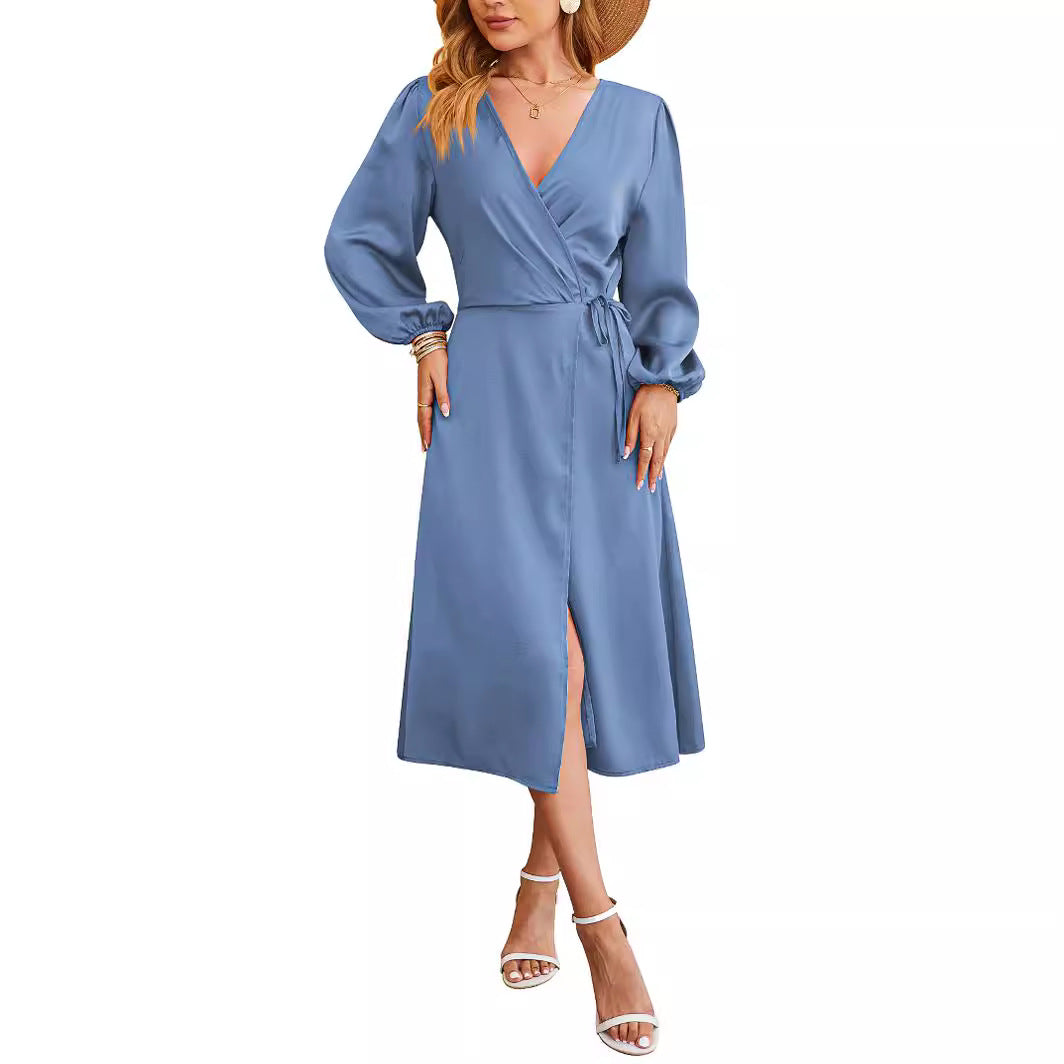 Kvinna Midi Klänning V-Neck Satin A-Linjeform Puffärmar-3