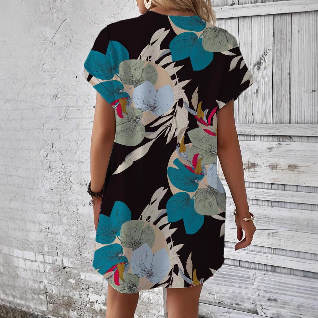 Dam Stickad Klänning Blommönster med Fickor Polyester Spandex-4