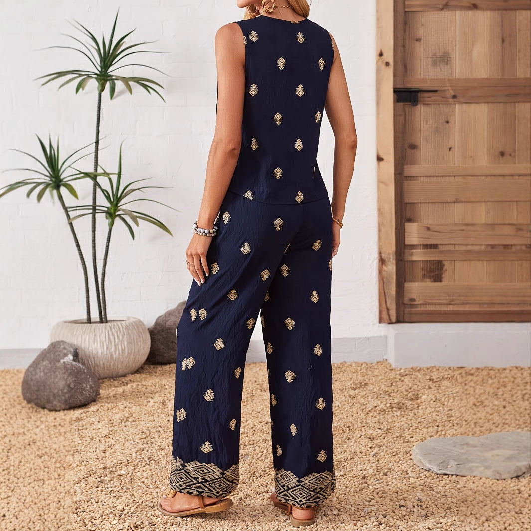 Kvinnors Tvådelad Set med V-hals, Ärmlös Topp och Bredbyxor i Lätta Tyger – Gyllene Accenter och Avslappnad Passform 2