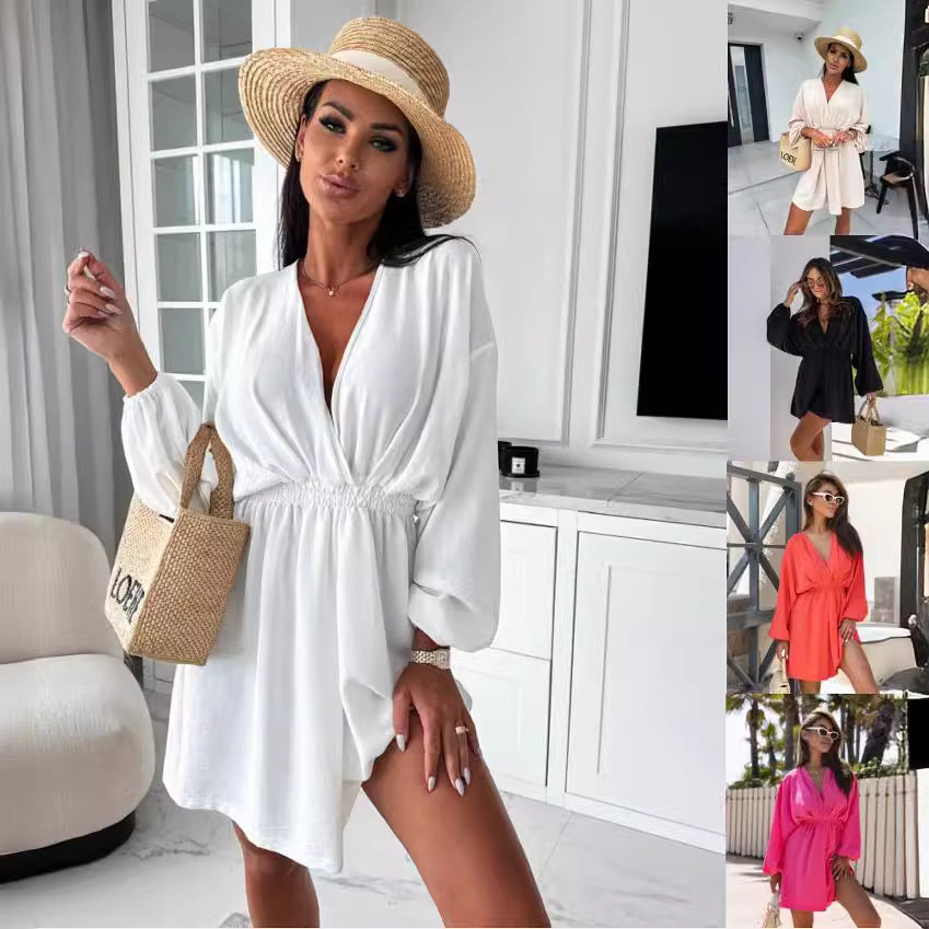 Kvinnors Klänning V-ringning Polyester Långa Ärmar Elegant-2