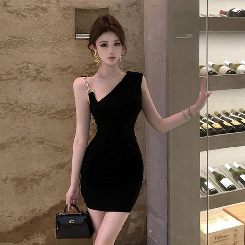 Damklänning Asymmetrisk Axelband Kort Lätt Tyg 1