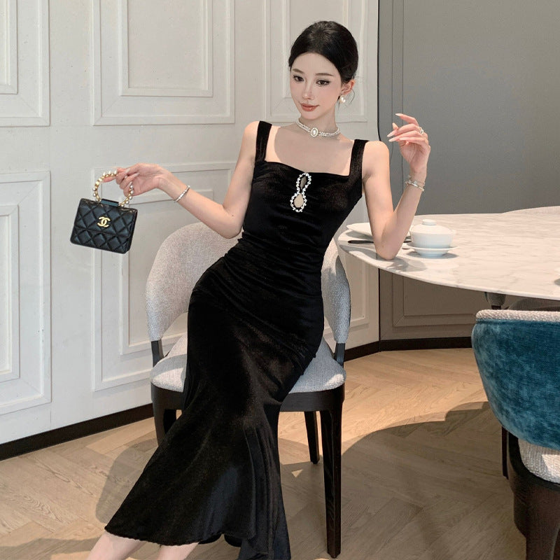 Kvinnors Lång Klänning Spaghetti Band Högkvalitativt Tyg-4