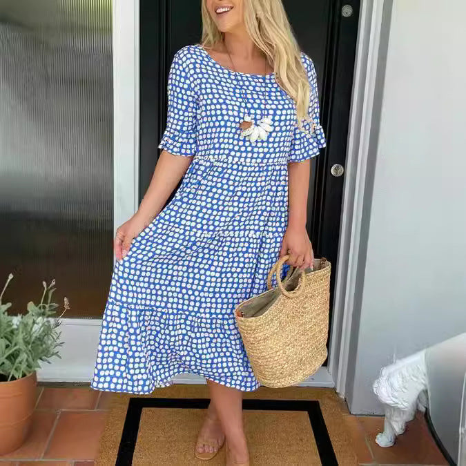 Fina Dam Klänningar Rundad Kortärmad Polyester Elegant Design-4