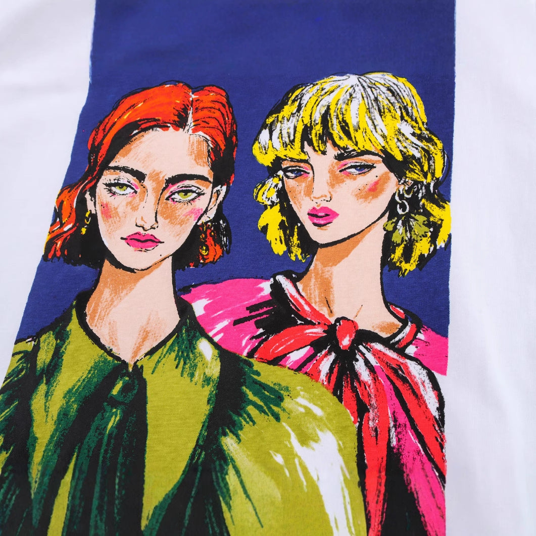 Dam T-shirt Avslappnad Bomull med Konstnärligt Tryck-4