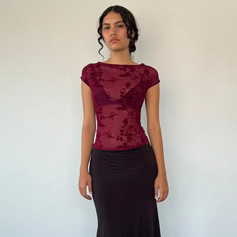 Kvinnors Blommönstrad Topp Transparent Andningsbart Tyg 4