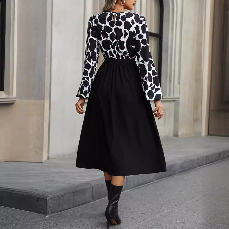 Dam A-linjeklänning Leopardmönster Midi Långärmad Vävt Tyg-4