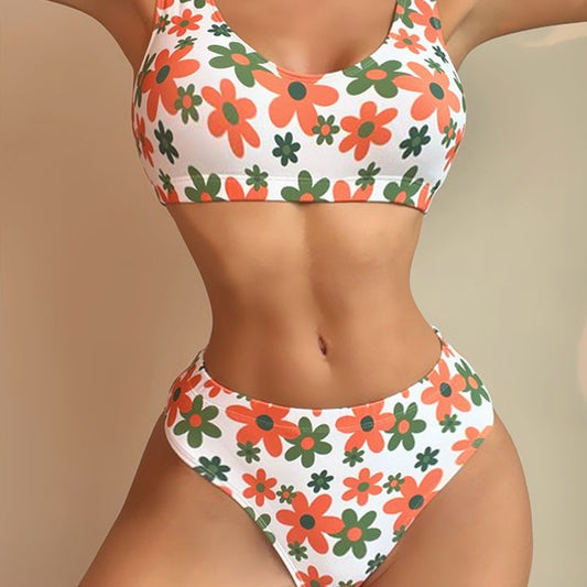 Kvinnors Bikiniuppsättning Blommönster Högklippt Elastiskt Tyg-1