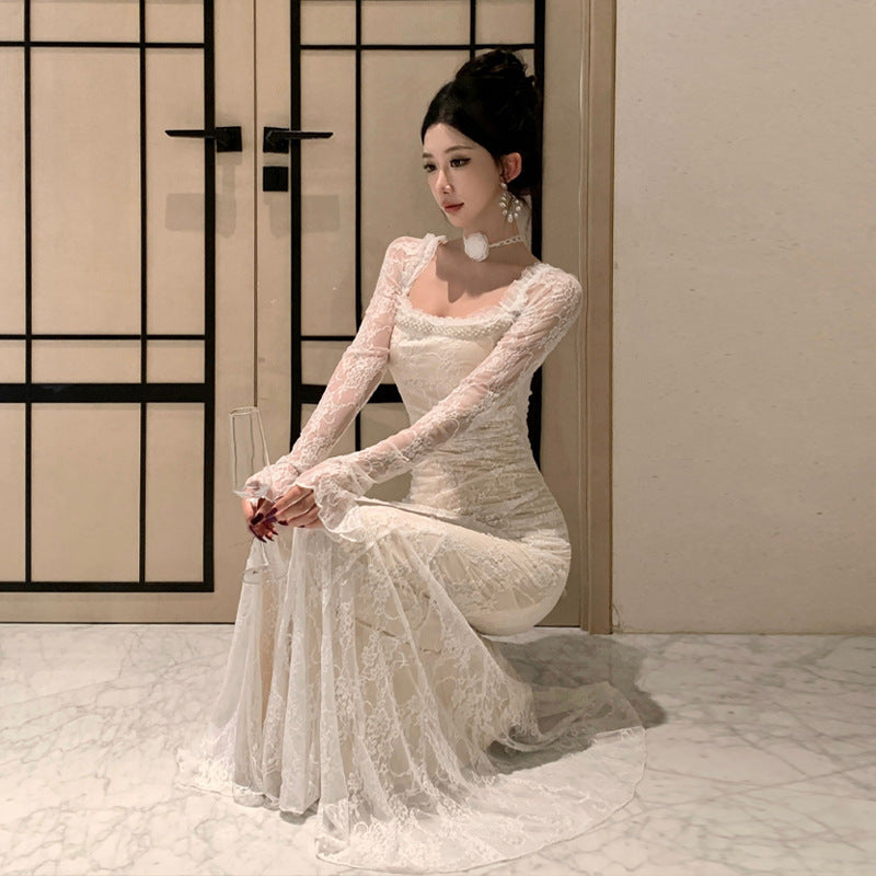 Kvinnors Festivalklänning Fyrkantig Halsringning Långärmad Högkvalitativt Tyg-4