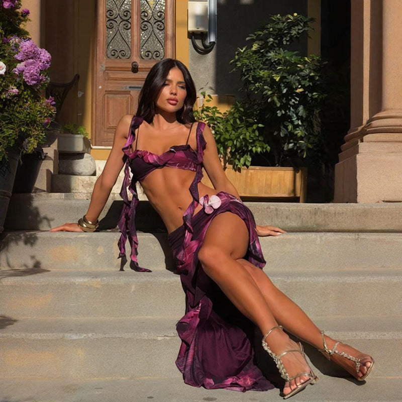 Kvinnor Tvådelad Set Blommig Asymmetrisk Nederkant Lätt Tyg-5