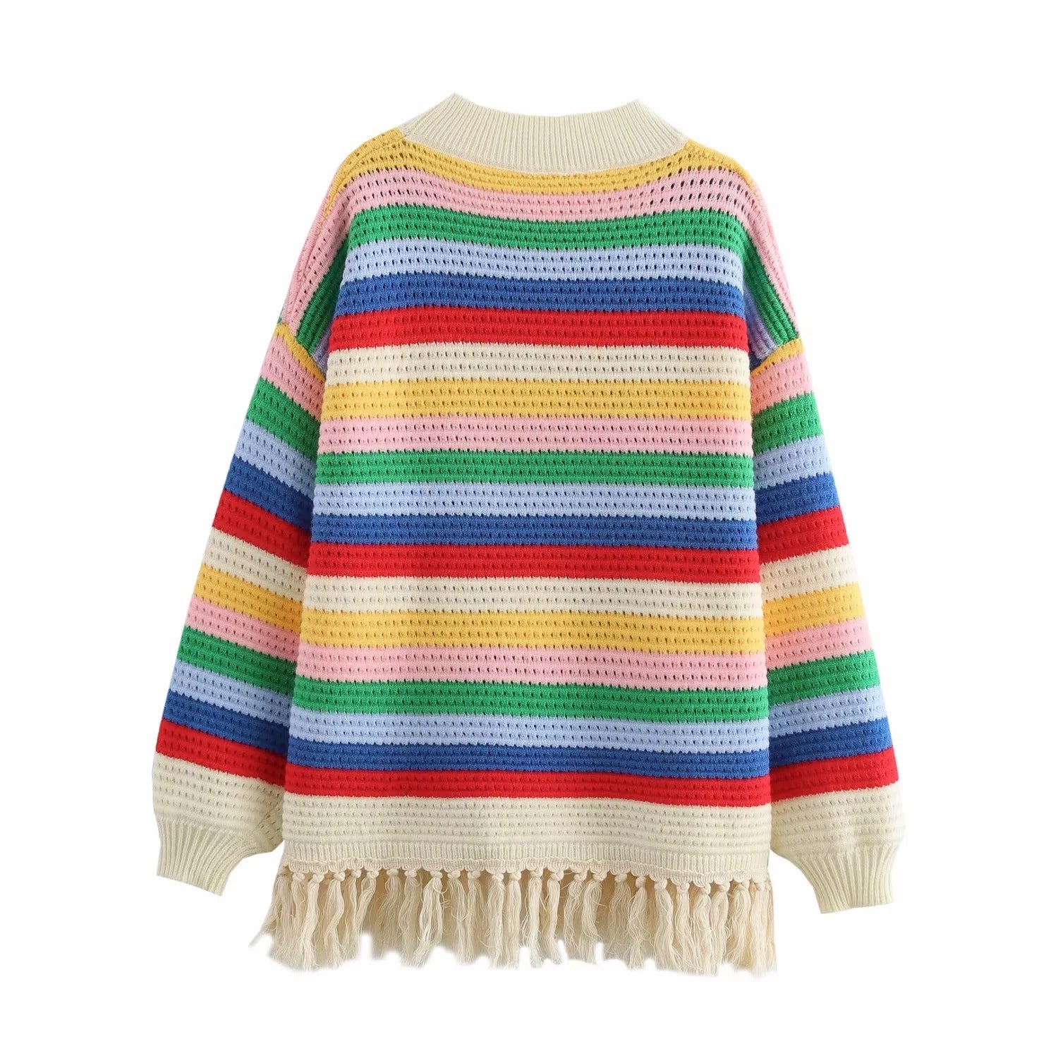 Stickad Tröja Dam Randig Med Fransar i Mjuk Akryl 2