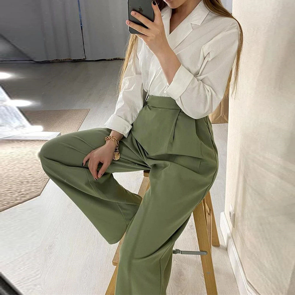 Kvinnors Set med Fästningskrage Skjorta och Hög Midja Byxor i Polyester – Elegant Urban Stil för Vardag och Fest 4