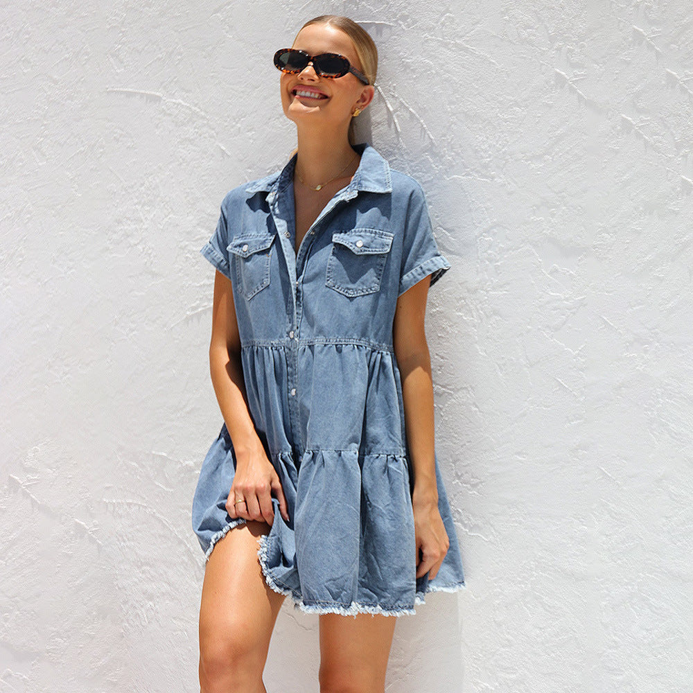 Dam Klänning A-linjeformad Denim Mini med Skjortkrage-3