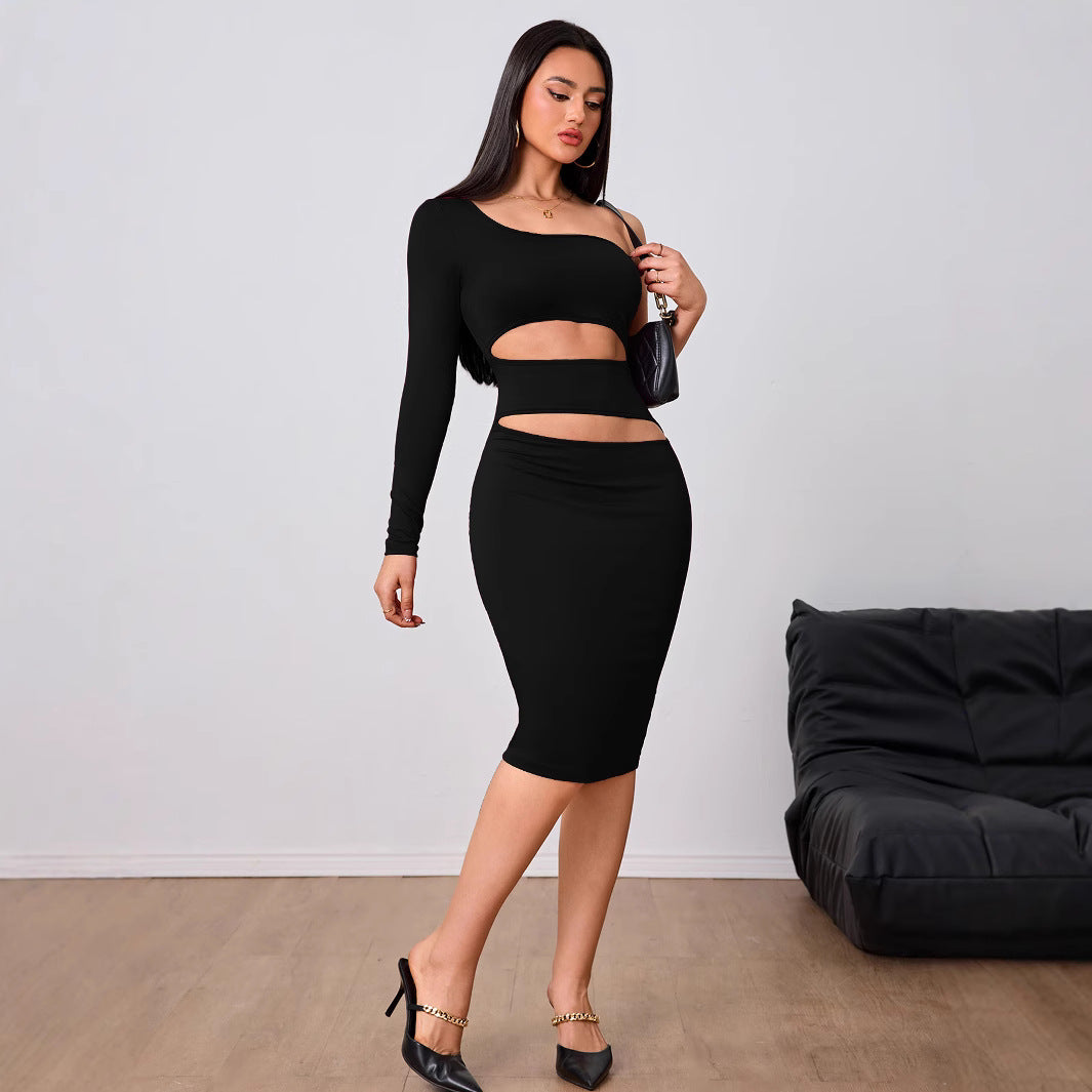 Kvinnors Midi Klänning Bodycon En Axel Polyester Elastan-5