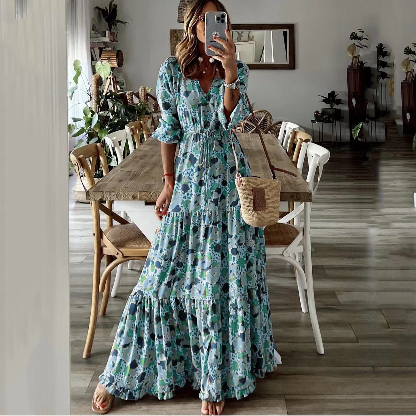 Maxiklänning Dam V-ringning Bohemisk Långt Polyester för Sommar-3