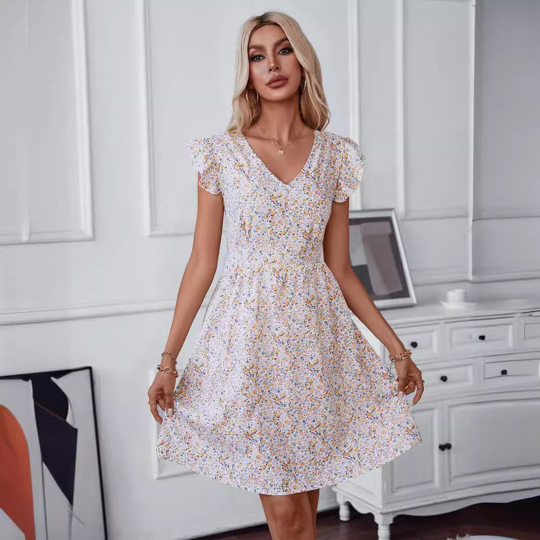 Damklänning A-linjeformad V-ringning Blommönster Polyester Midi-längd-3