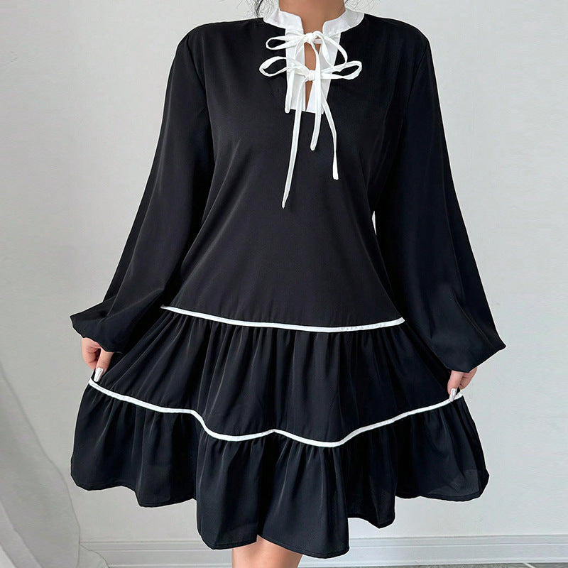 Dam Midi Klänning Halvöppen Krage Puffärmar Polyester-5