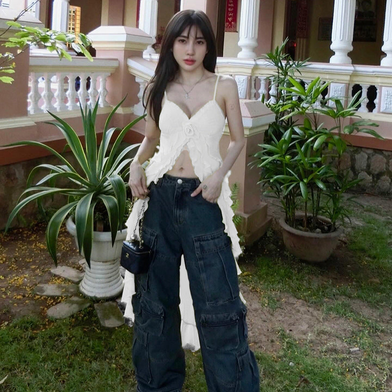 Kvinnors Ruffle Topp Vikbar Design Spaghettiband Lätt Material 4