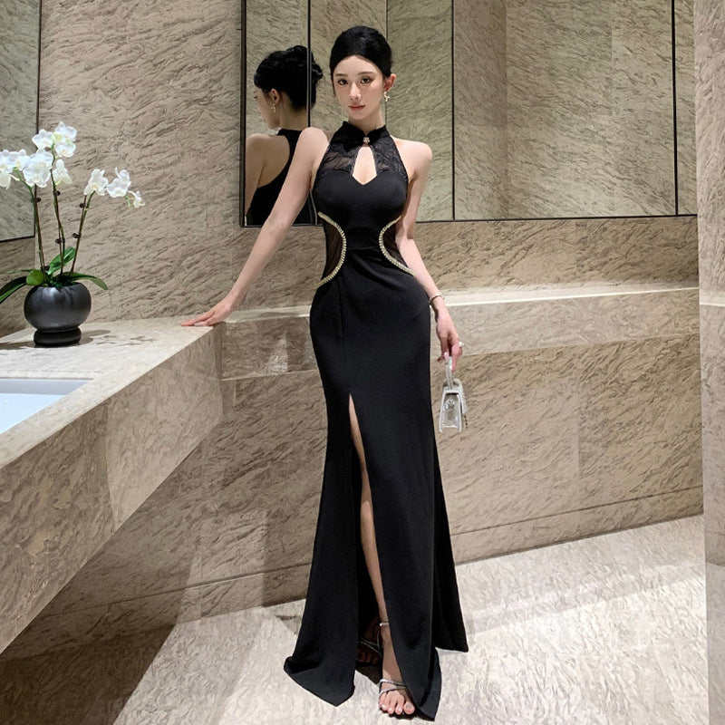 Dam Klänning Slim Fit Qipao Lång Högkvalitativt Tyg-1