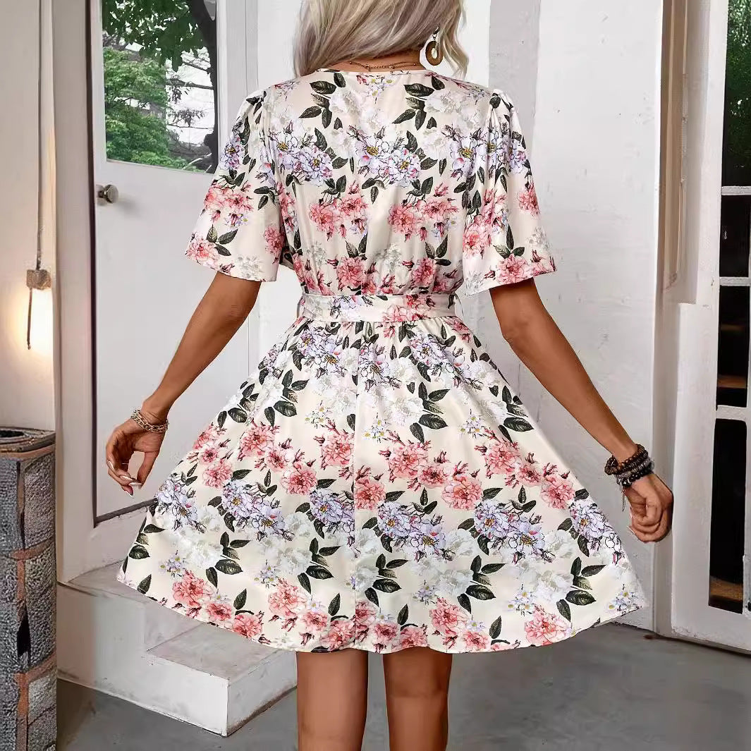 Kvinnors Midi Klänning V-ringning Rynkade Ärmar Polyester-3