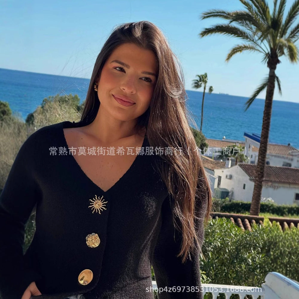 Kvinnors Cardigan Djup V-Hals Gyllene Knappdetaljer 100% Akryl-5