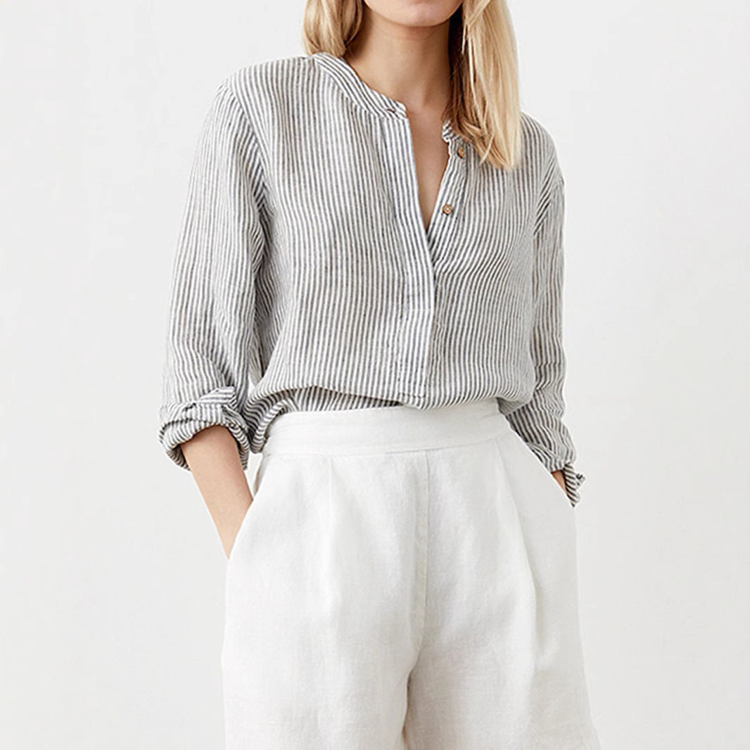 Herrskjorta Halvöppen Randig Bomull Långa Ärmar-2