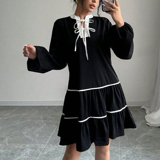 Dam Midi Klänning Halvöppen Krage Puffärmar Polyester-1