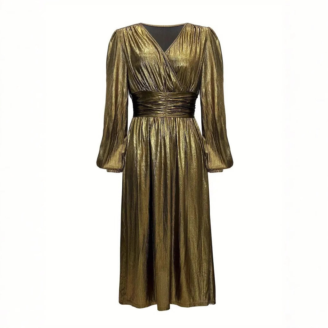 Kvinnors Midi Klänning Puffärmar Metallisk Glans Polyester Elastan 3