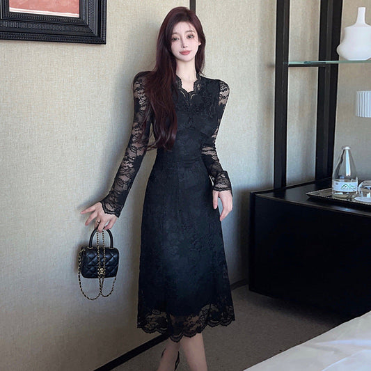 Dam Klänning Midi V-ringning Långa Ärmar Högkvalitativt Tyg-1