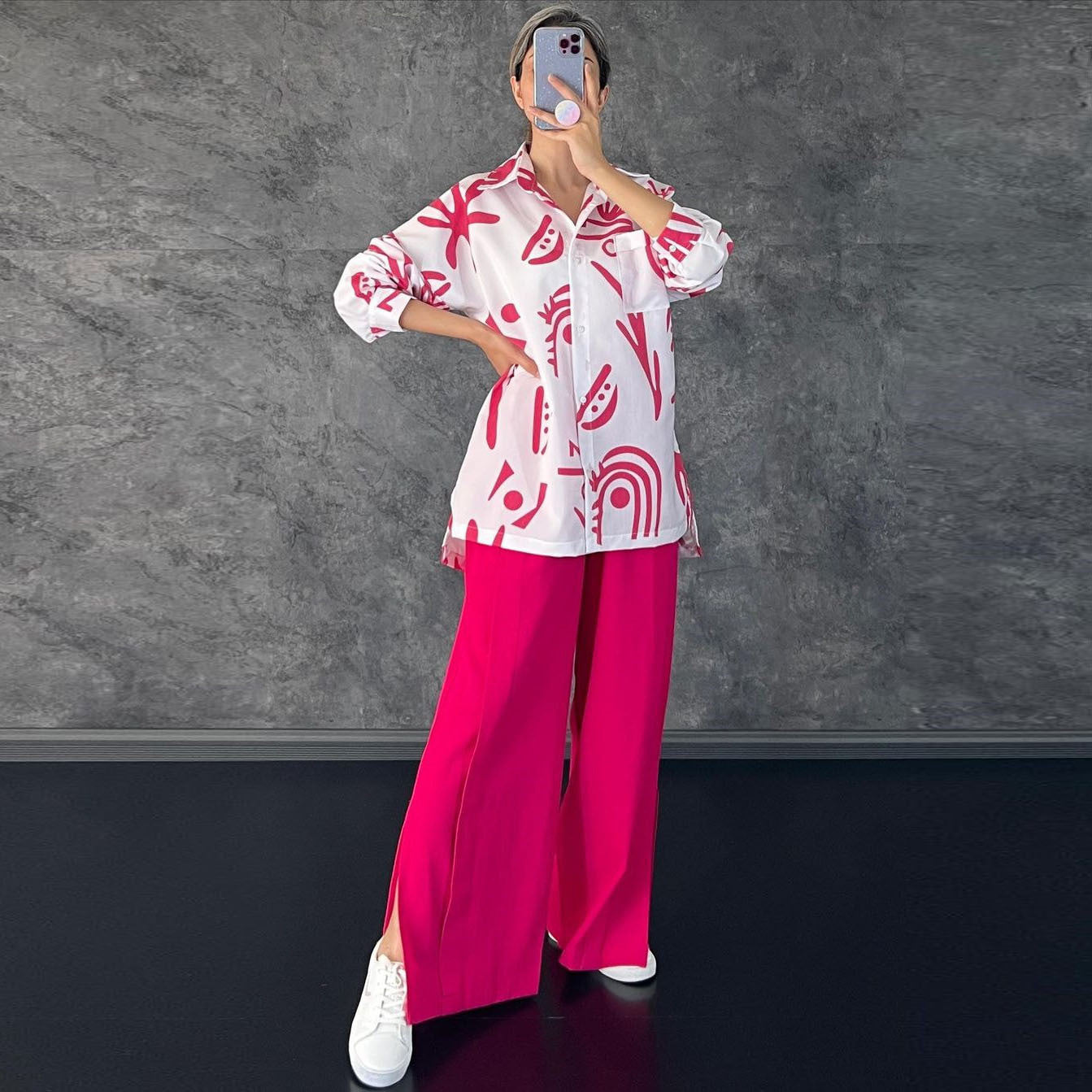 Kvinnors Byxdress Blommönster Hög Midja Polyester Långa Ärmar 3