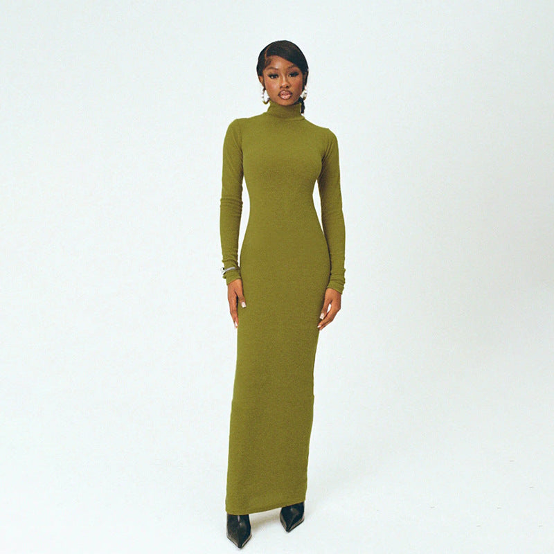 Maxi Klänning Dam Turtleneck Figurpassande Mjuk Stretchig Tyg 2