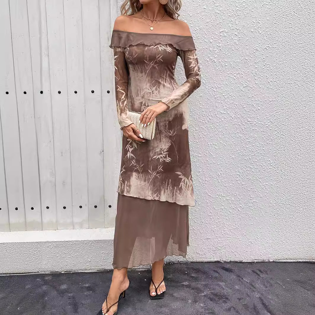 Damklänning Off-the-Shoulder Blommönster Lång Elastisk Dubbelskikt-5