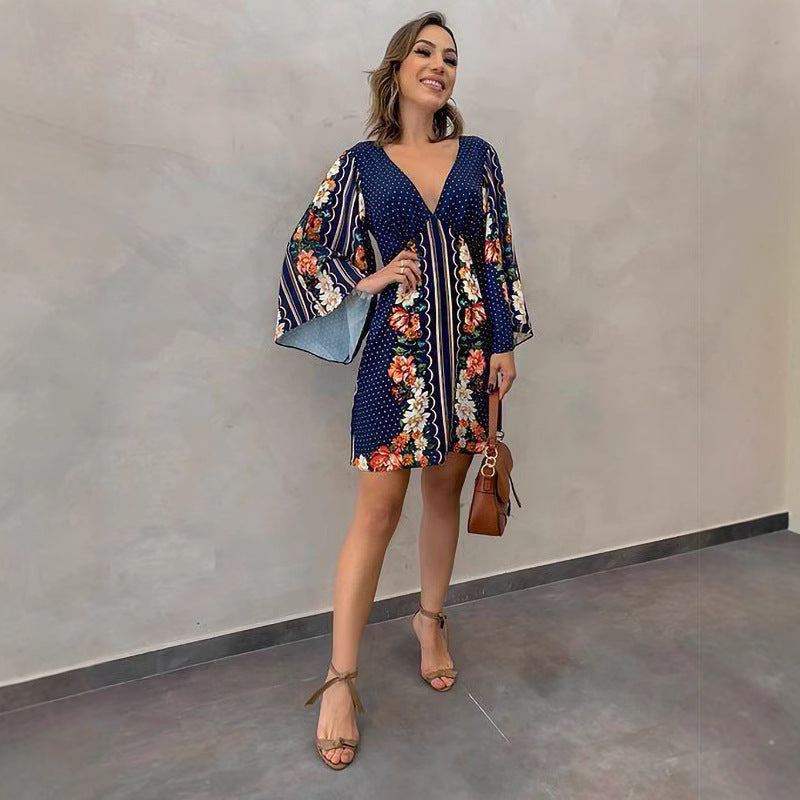 Kvinnors Miniklänning Djup V-ringning Blommönstrad Polyester-5