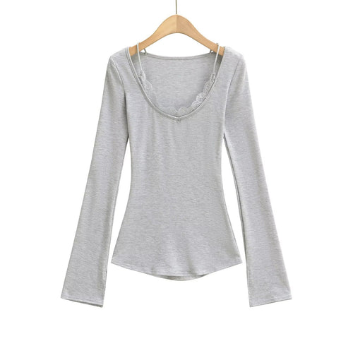 Långärmad Topp med V-ringning i Mjuk Bomullsmix – Figur-hugging Passform och Utställda Ärmar, Flera Färger 1