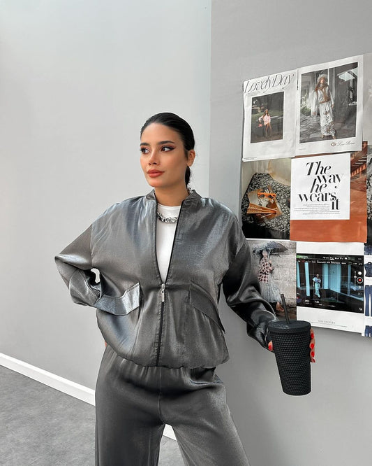 Dam Jacka Set i Polyester med LÄnga Byxor Avslappnad Stil-1