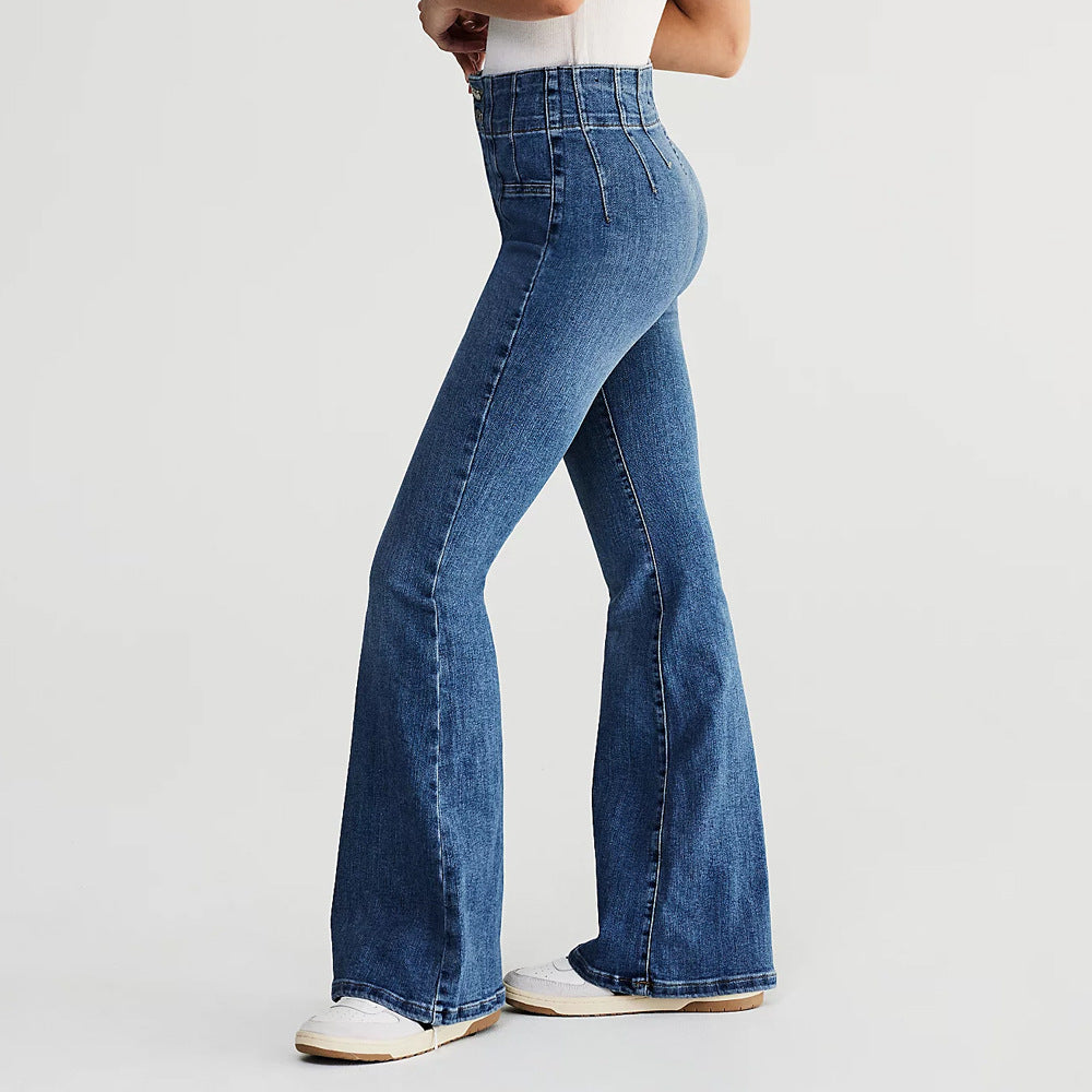 Damer Högmidjade Denimbyxor Långt Ben Retro 100% Bomull-3
