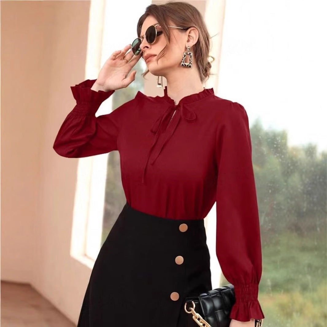 Dam Skjorta Långärmad Satin V-hals Klockärmar-3