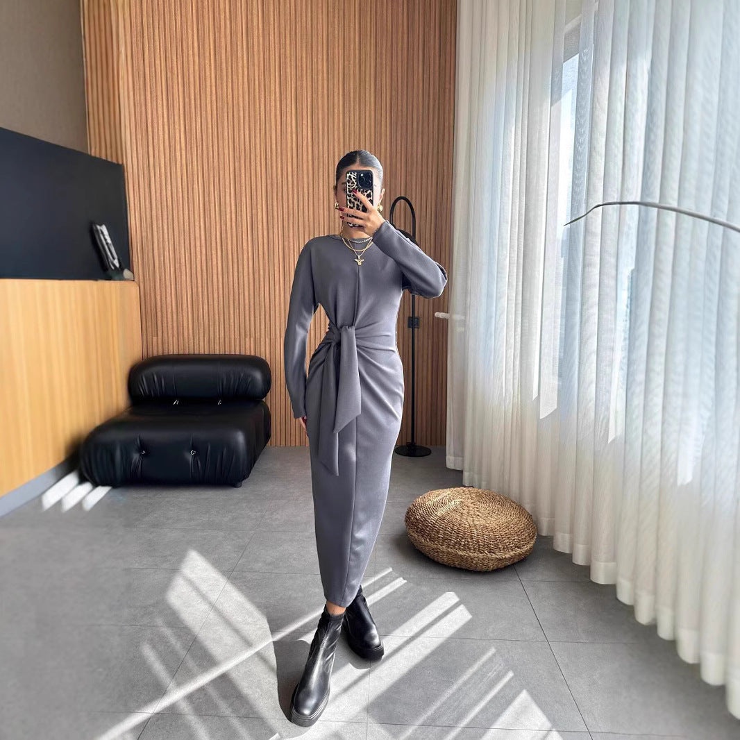 Dam Midiklänning Slim-Fit Rund Halsringning Polyester-5