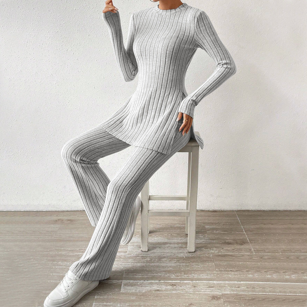 Tvådelat Set Dam Långärmad Topp och Långa Byxor Mjuk Polyester-5