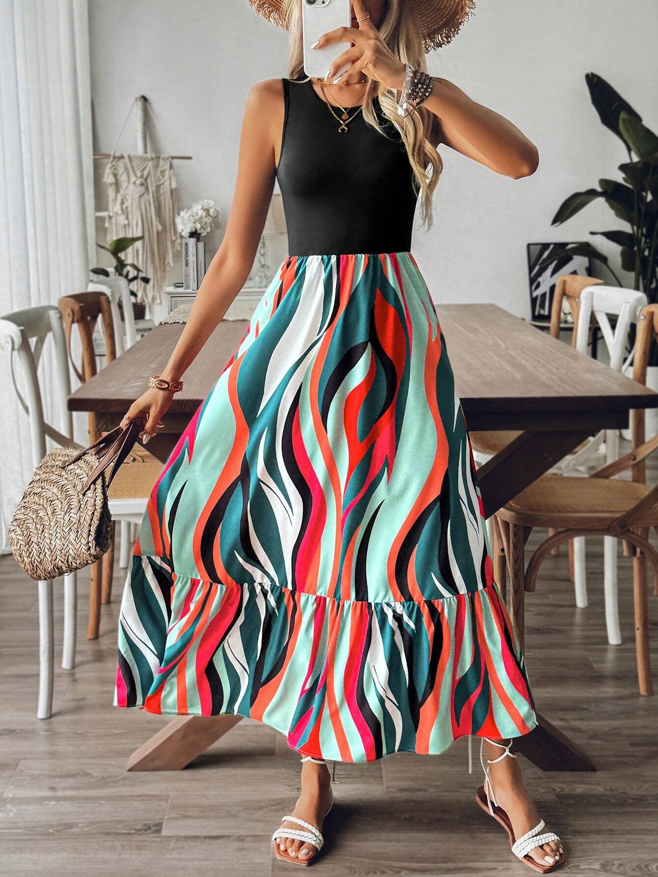 Kvinnors Midi Klänning Ärmlös Polyester Cirkulär Halsring-1