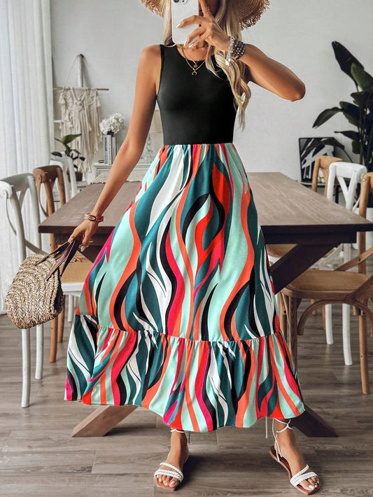 Kvinnors Midi Klänning Ärmlös Polyester Cirkulär Halsring-1