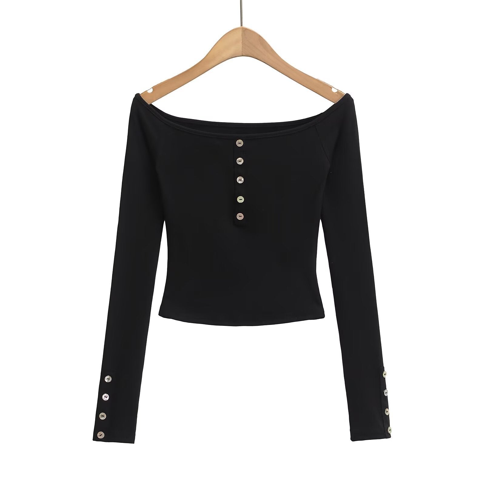 Kvinnors Off-Shoulder Topp med Knappdetaljer i Mjuk Blandning – Elegant Festtop, Normal Passform, Maskintvättbar 4